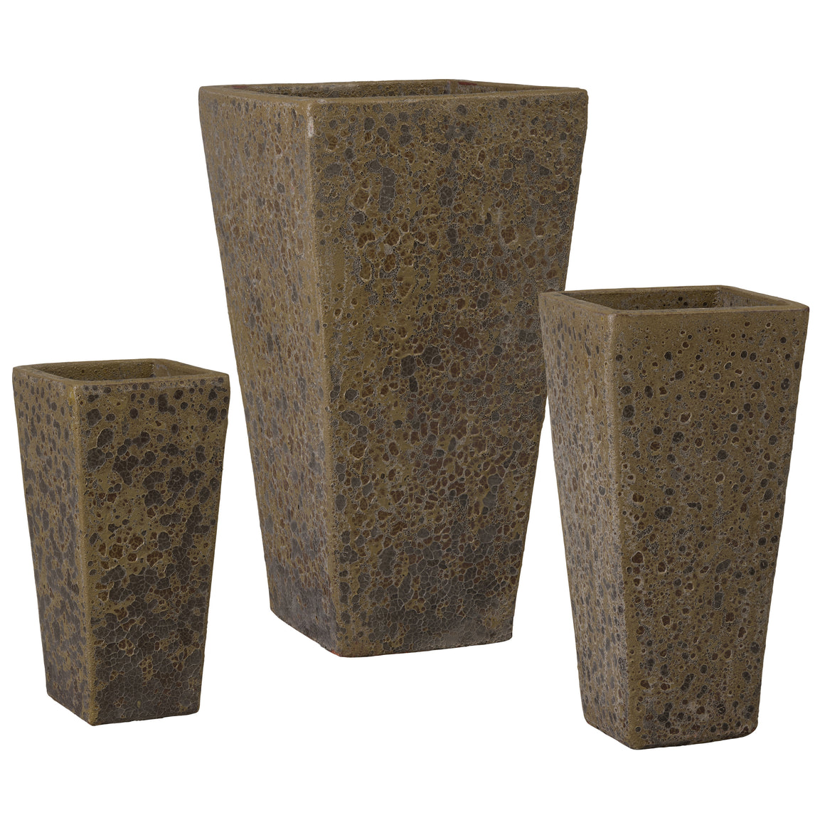 Crisco Set of 3 Tall Square Bubble Olive Green Ceramic Planters