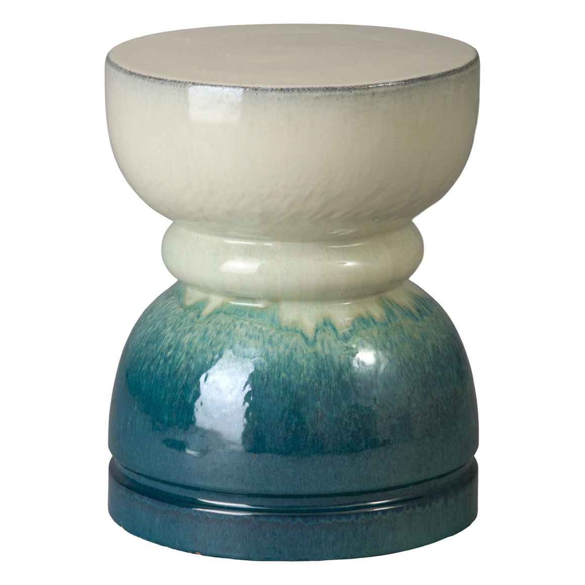 Hourglass 18 in. Cascade Ceramic Garden Stool-Seafoam and Cream