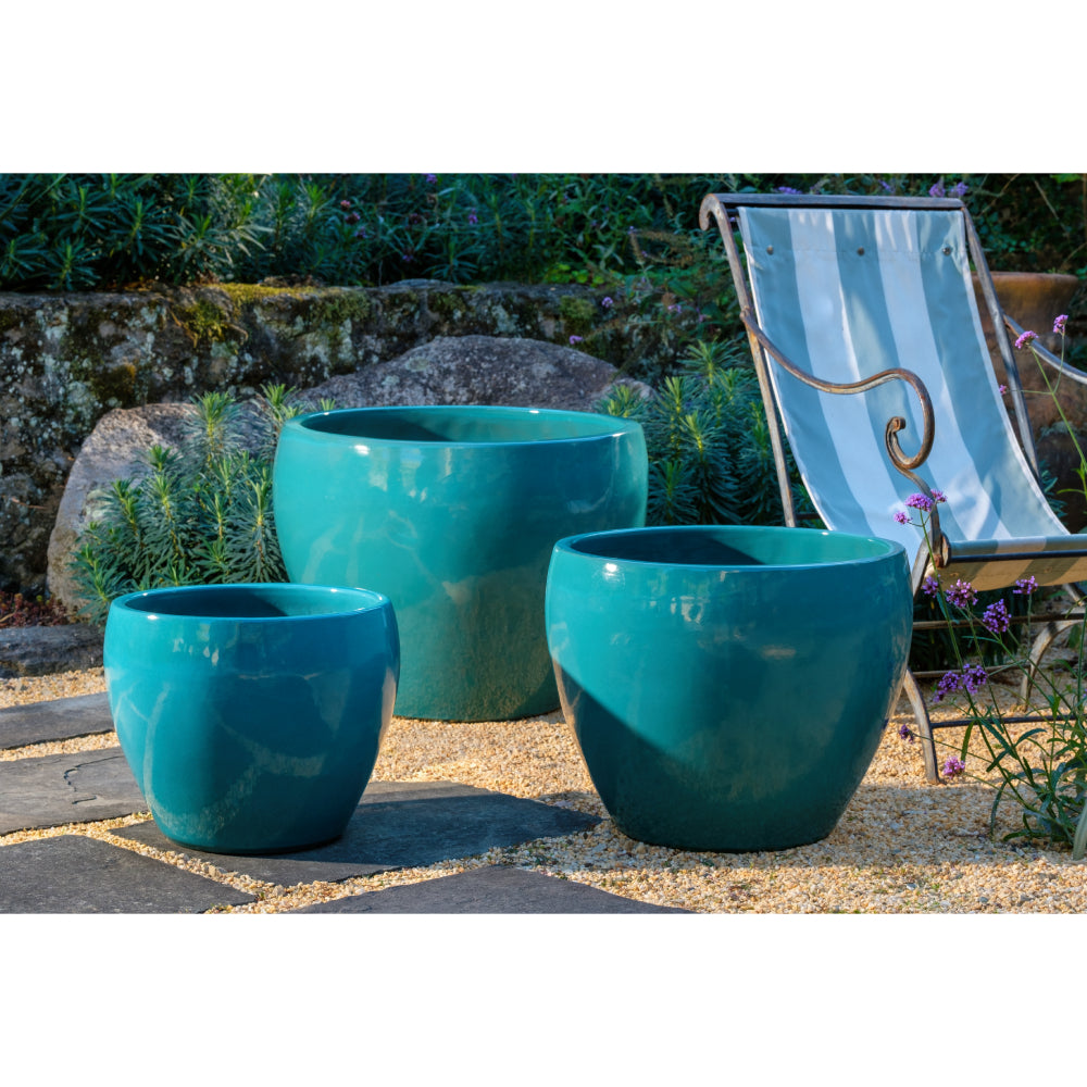 Agave Glazed Terra Cotta Barrel Planters - Set of 3