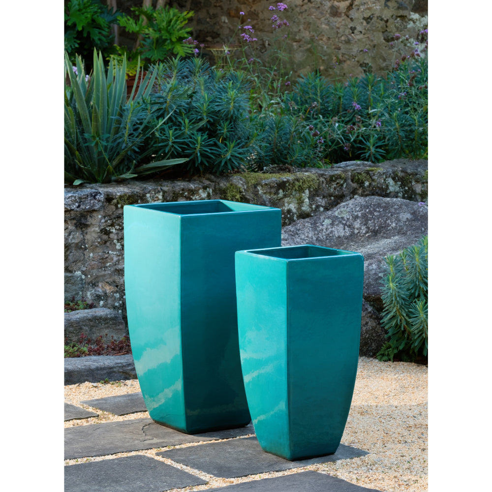 Agave Glazed Terra Cotta Square Column Planters - Set of 2