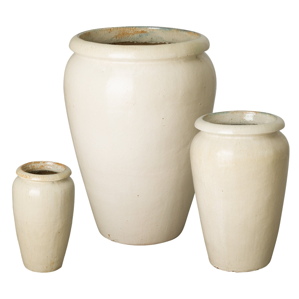 Tall Ceramic Planters with a Distressed Cream Glaze – Set of 3