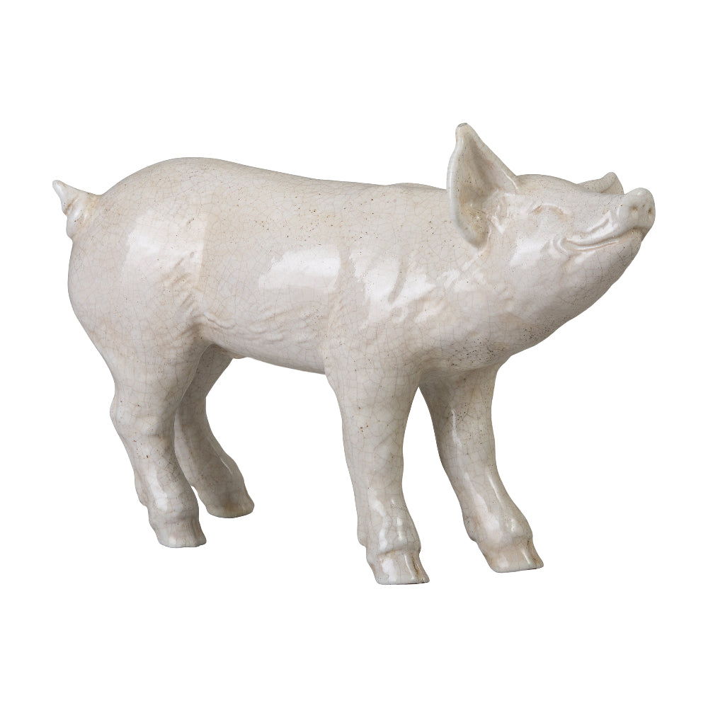 Decorative Ceramic Pig Sculpture – Glossy White Crackle