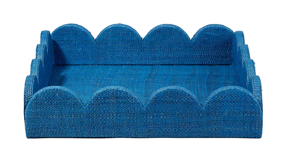 Wonderland Scalloped Small Decorative Raffia Tray, Indigo