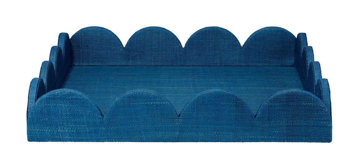 Wonderland Scalloped Decorative Raffia Tray, Indigo
