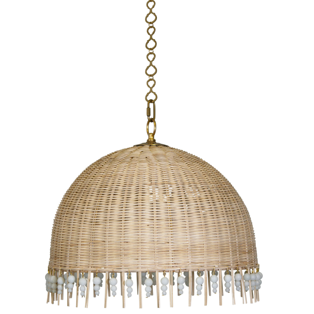 32" Athena Rattan Pendant with Beaded Frill – White Beads