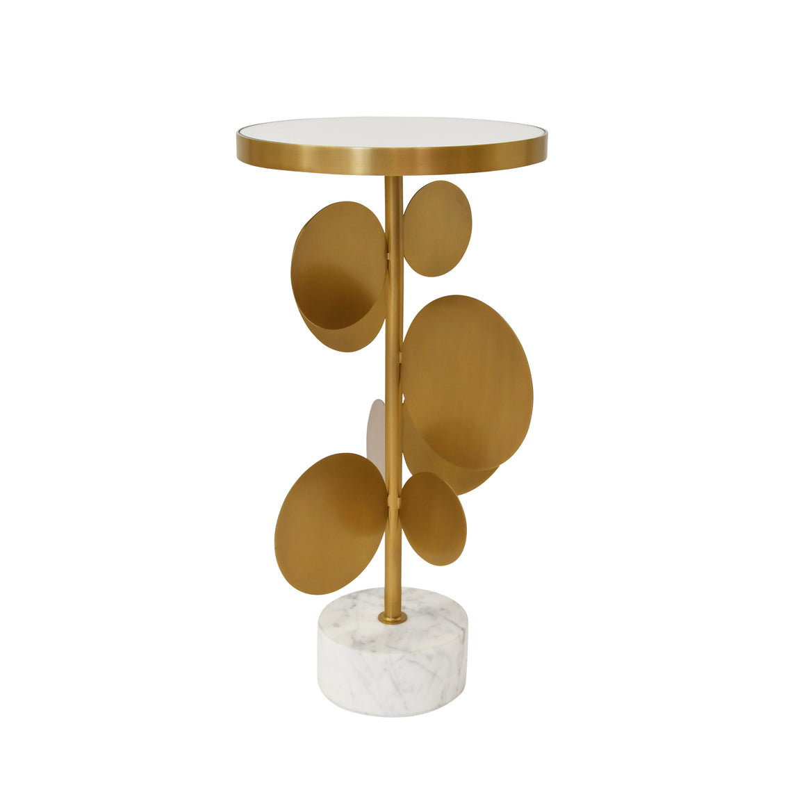 Round Brass Side Table Featuring Base with Array of Antique Brass Discs, White Marble Brass Base and Inset Mirror