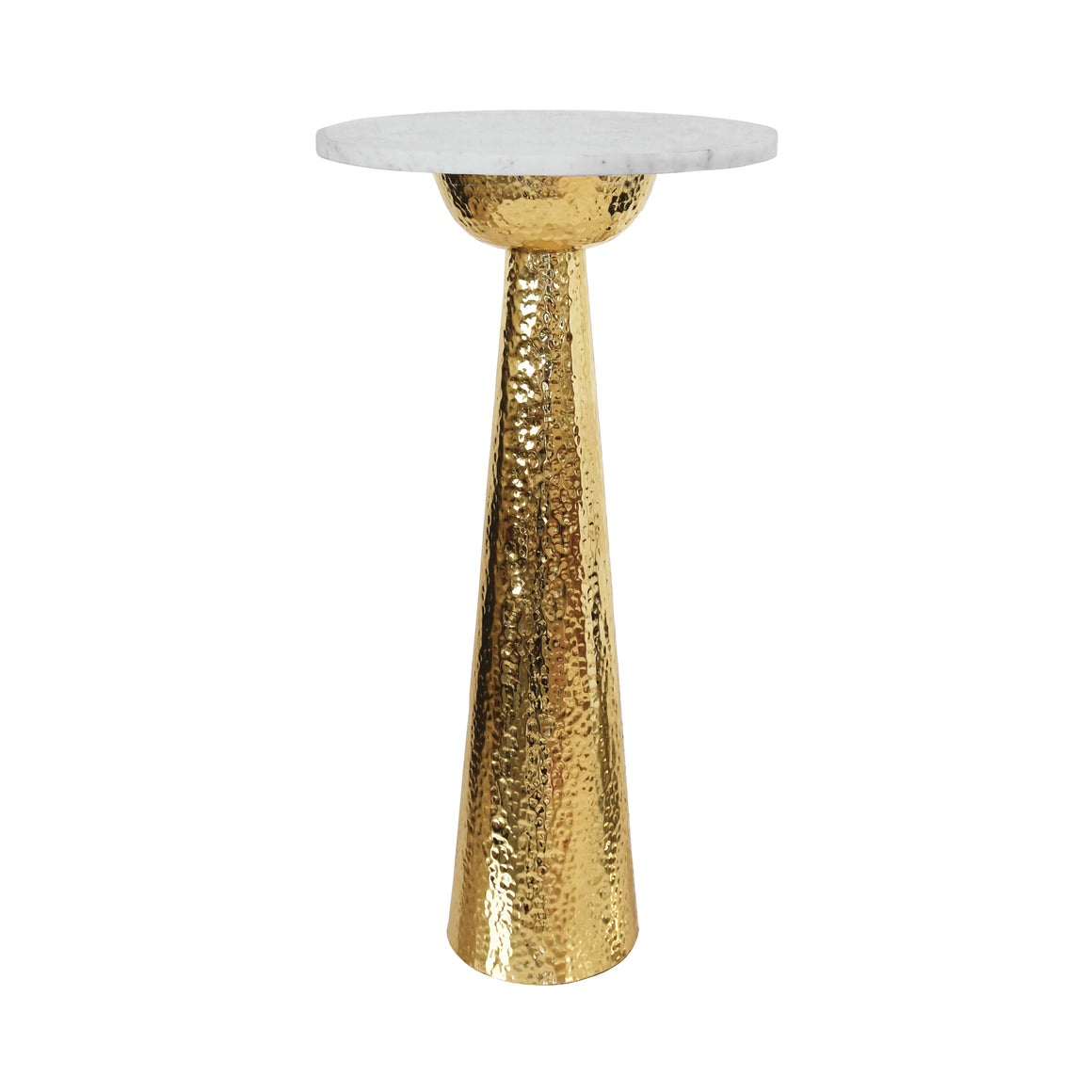 Hammered Brass Side Table with Tapered Base and Round White Marble Top