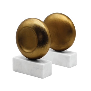 Disk shaped Textured Brass Metal Bookend with Swuare White Marble Base