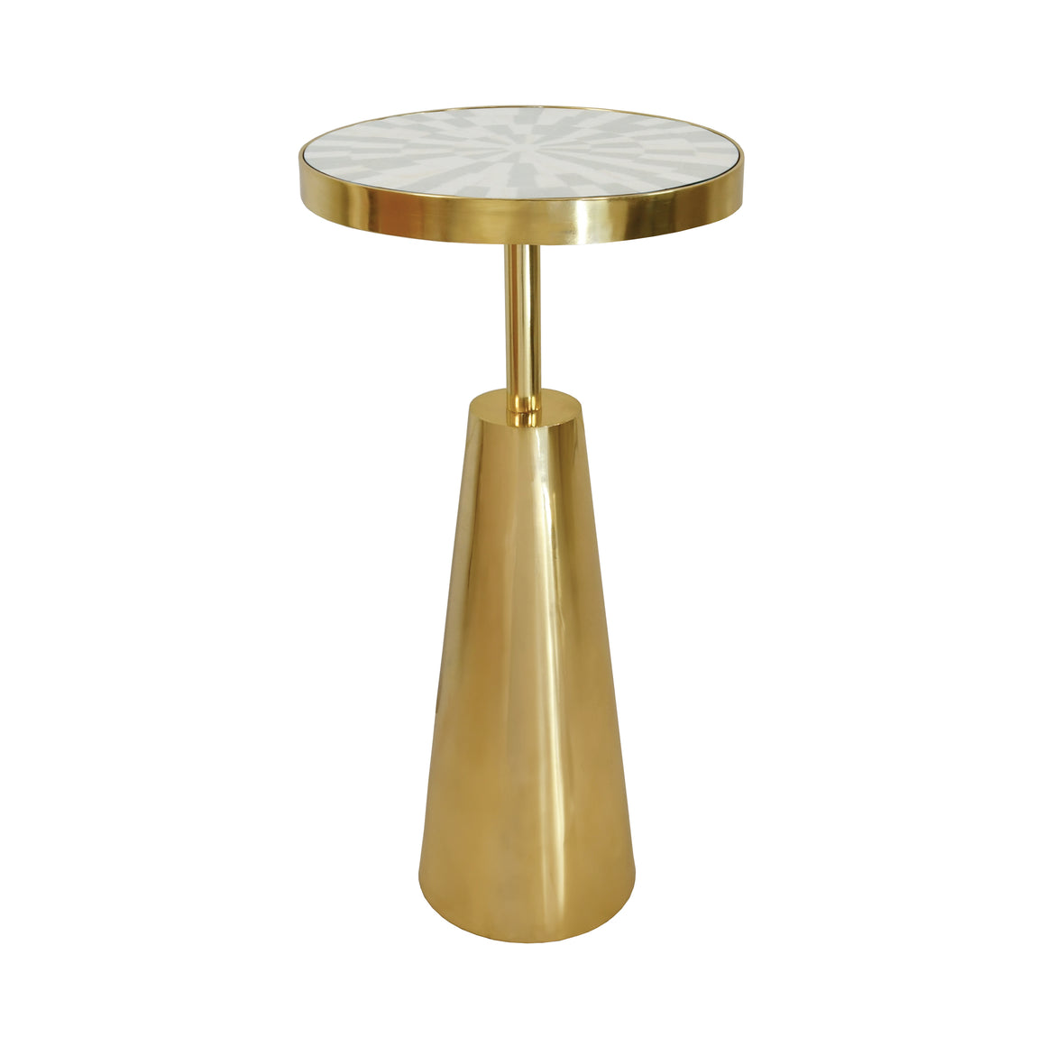 Tapered Brass Side Table with Round Inlaid Radial Natural Bone and Resin Top