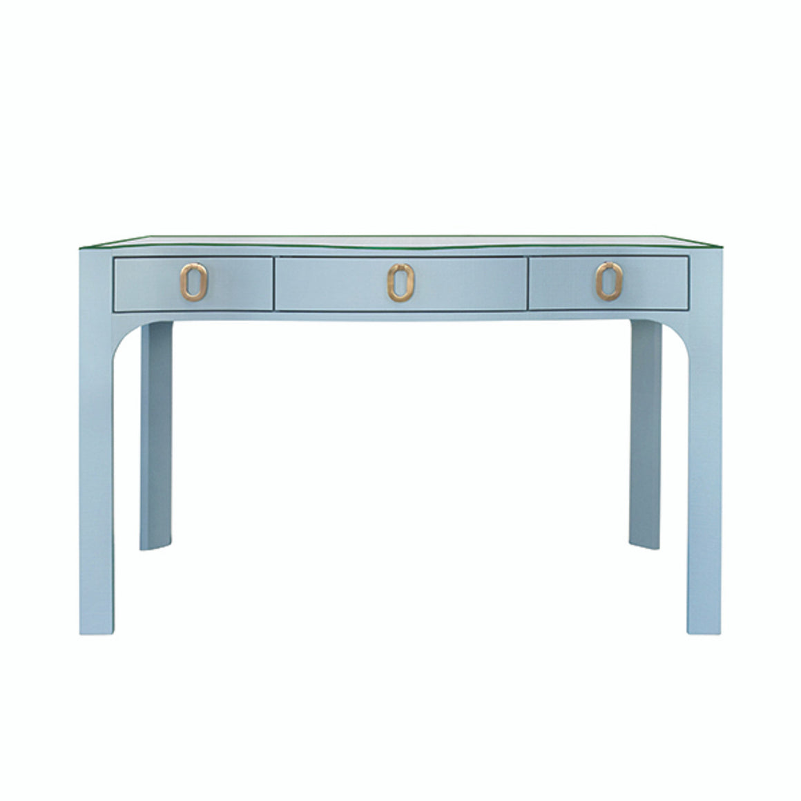 Gladys Desk in Light Blue Textured Linen and Glass Top