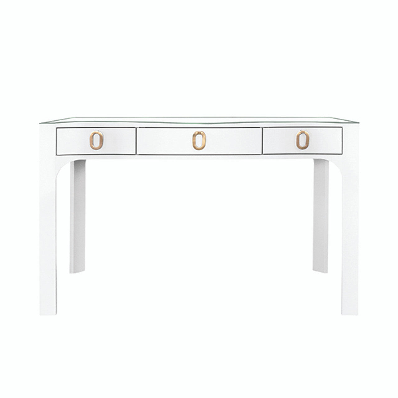 Gladys Desk in White Textured Linen with Satin Brass Ring Hardware and Glass Top