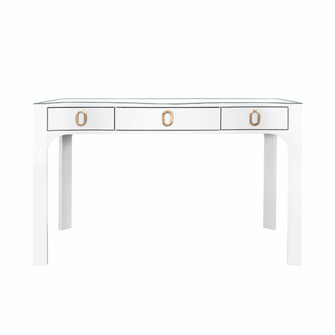 Gladys Desk in White Textured Linen with Satin Brass Ring Hardware and Glass Top