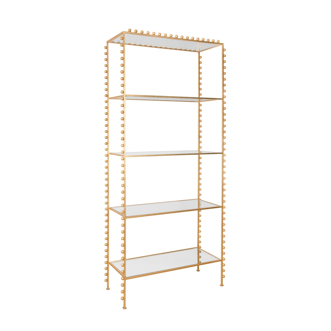 Ball Lined Etagere with Clear Glass Shelves in Gold Leaf