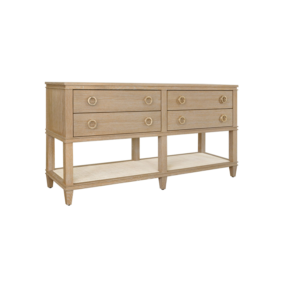 Four Drawer Console with Open case Shelf in Cerused Oak