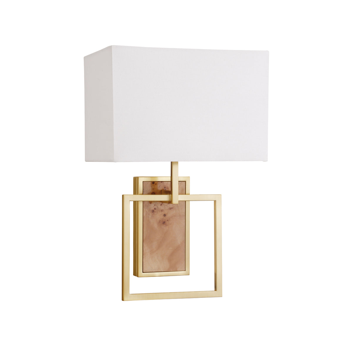 Flushmount Sconce with Rectangular Burl Wood Backplate and Open Brushed Brass Square Frame