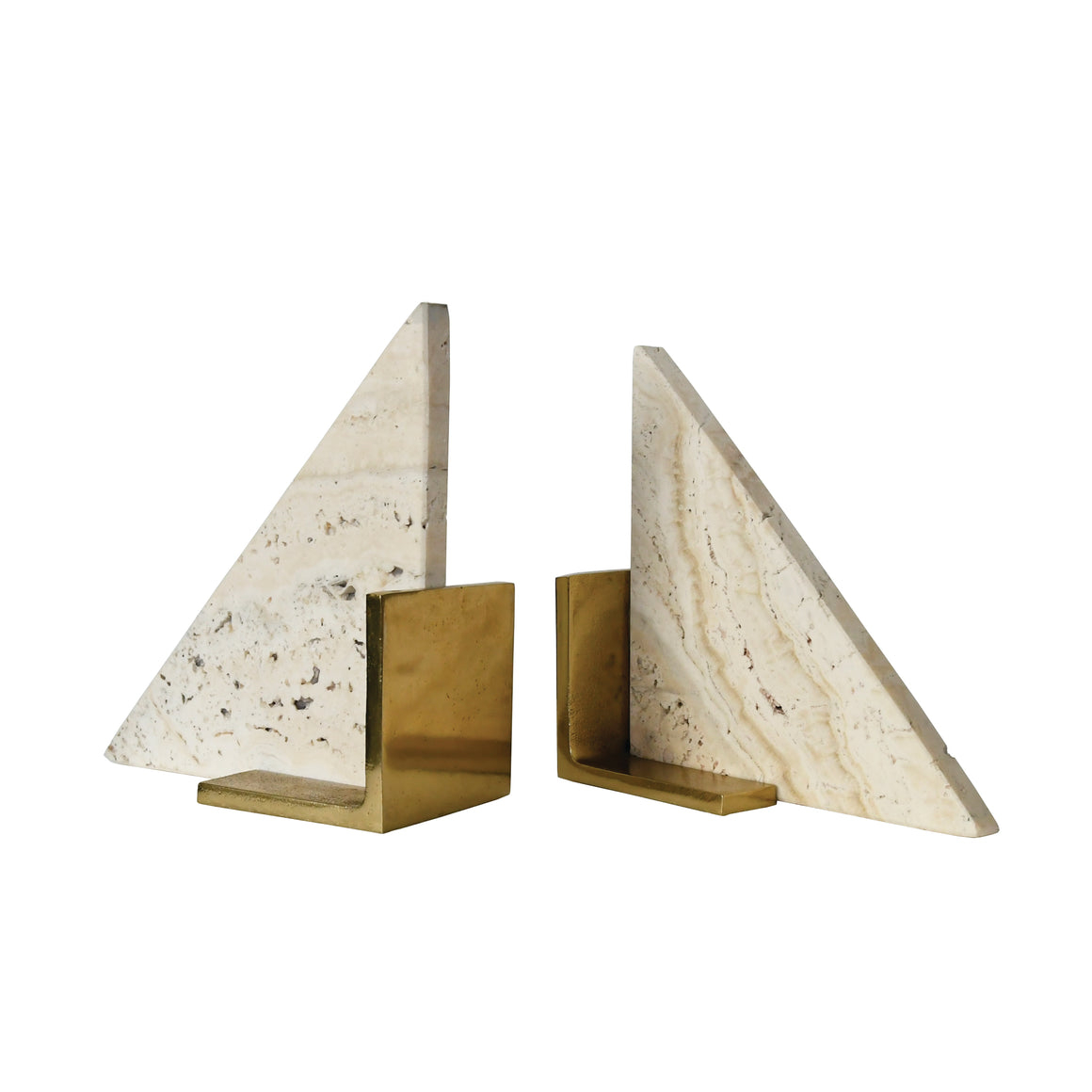Trio Triangle Shaped Travertine Bookends with Brass Base