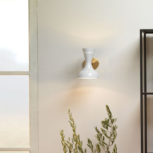 2-Bulb Hourglass Hood Wall Sconce – White & Antique Brass