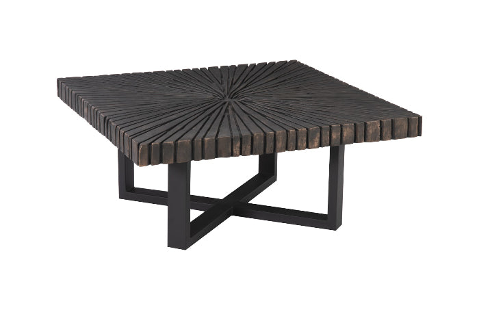 Chainsaw Coffee Table, Square, Black Iron Cross Base, Black/Copper