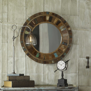 Jeremiah Round Reclaimed Wood Mirror - Multicolor