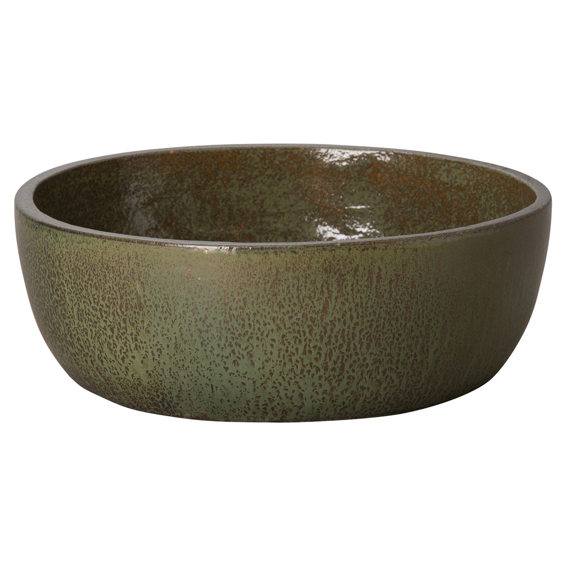 Round Shallow Ceramic Planter with a Metallic Green Glaze