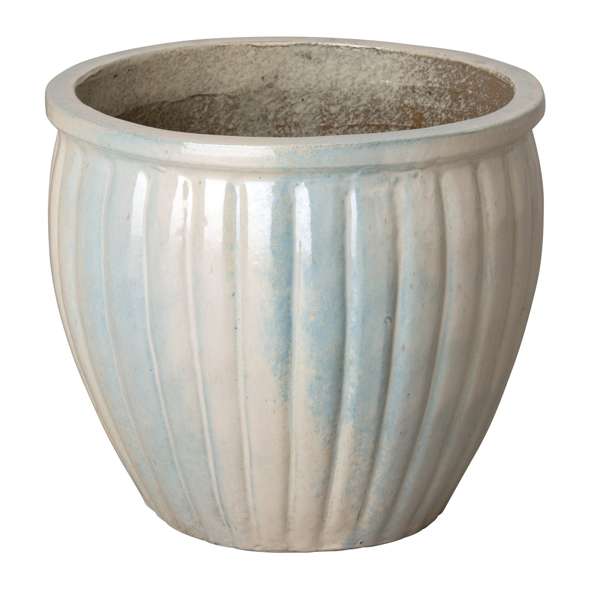 Round Ridge Ceramic Planter with a Pearl White Glaze