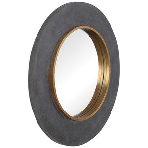 Concrete Look Round Mirror with Antique Gold Accent