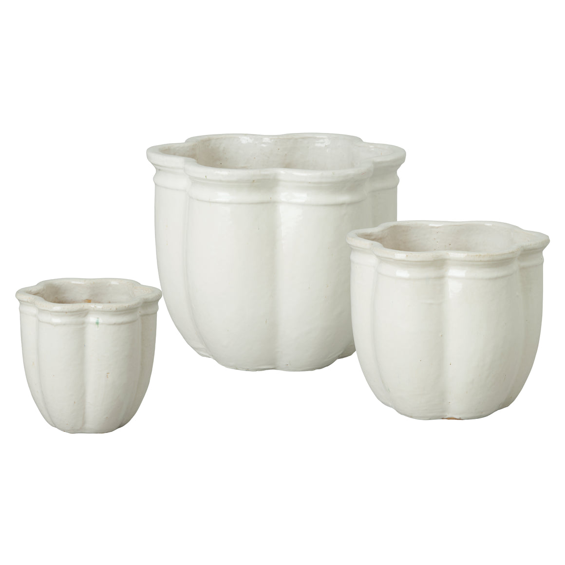 Scalloped White Ceramic Planters - Set of Three