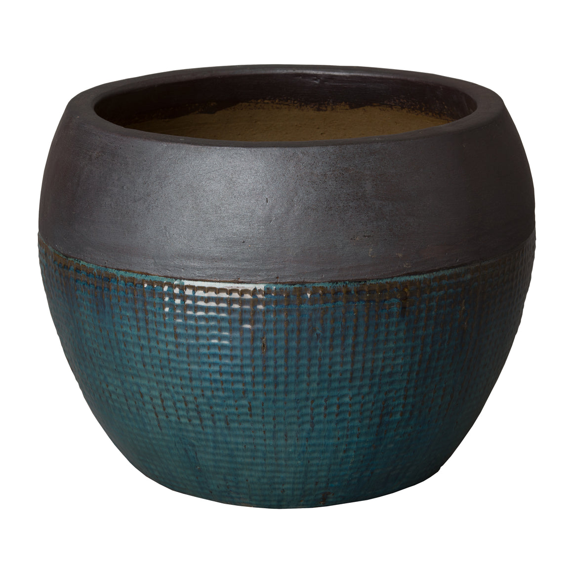 Round Net Ceramic Planter with a Matte Black/Teal Glaze