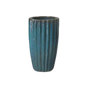 Tall Round Ridged Ceramic Pot in Teal– Small