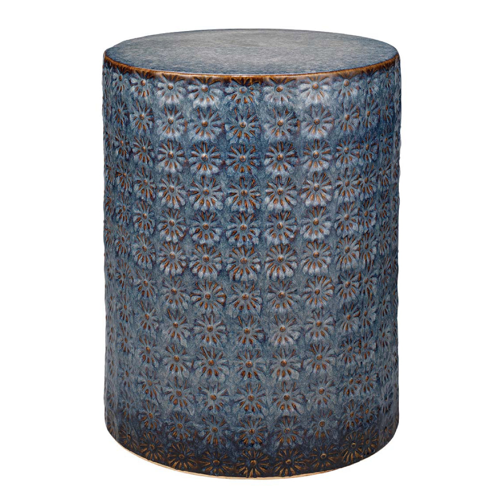 Wildflower Patterned Ceramic Accent Table – Dark Blue & Grey