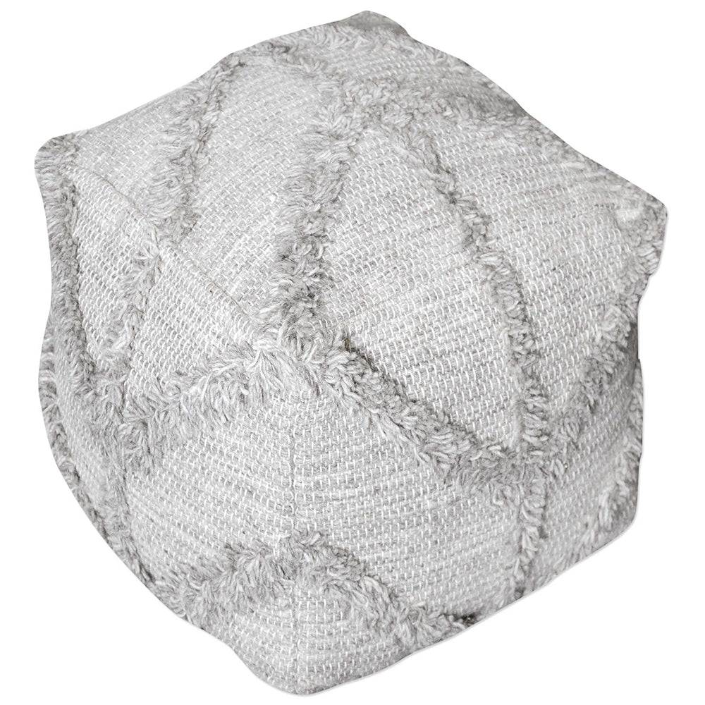 Square Gray Wool Pouf Ottoman with Geometric Fringe