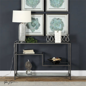 Ribbed Iron & Tempered Glass Industrial Console Table