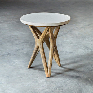 X-Motif Hardwood Accent Table with Round Limestone Top