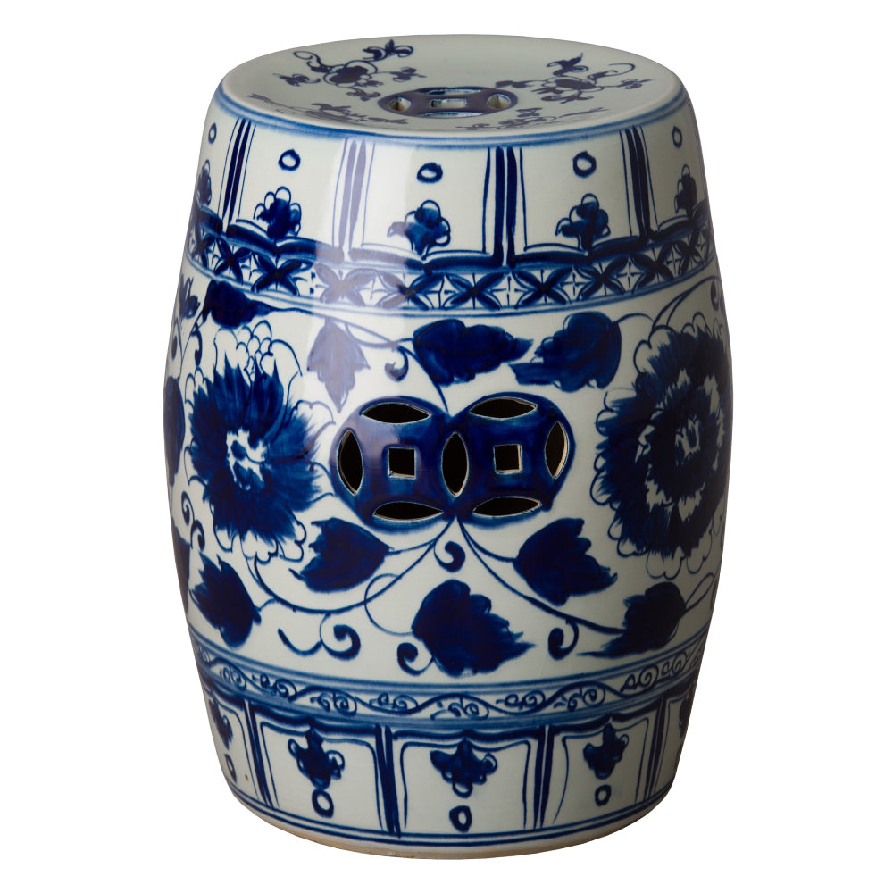 Hand Painted Peony & Hibiscus Garden Stool – Blue & White Glaze