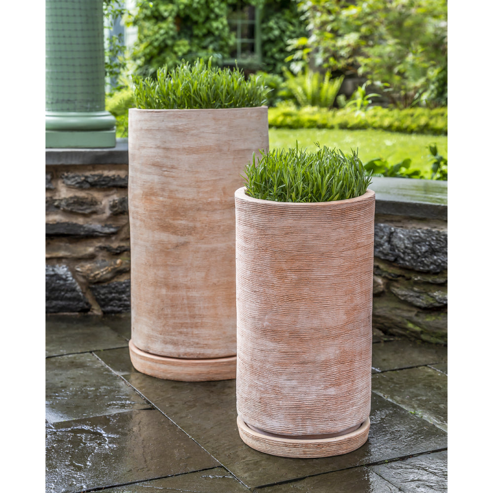 Tall Sgraffito Terra Cotta Cylinder Planters - Set of 2