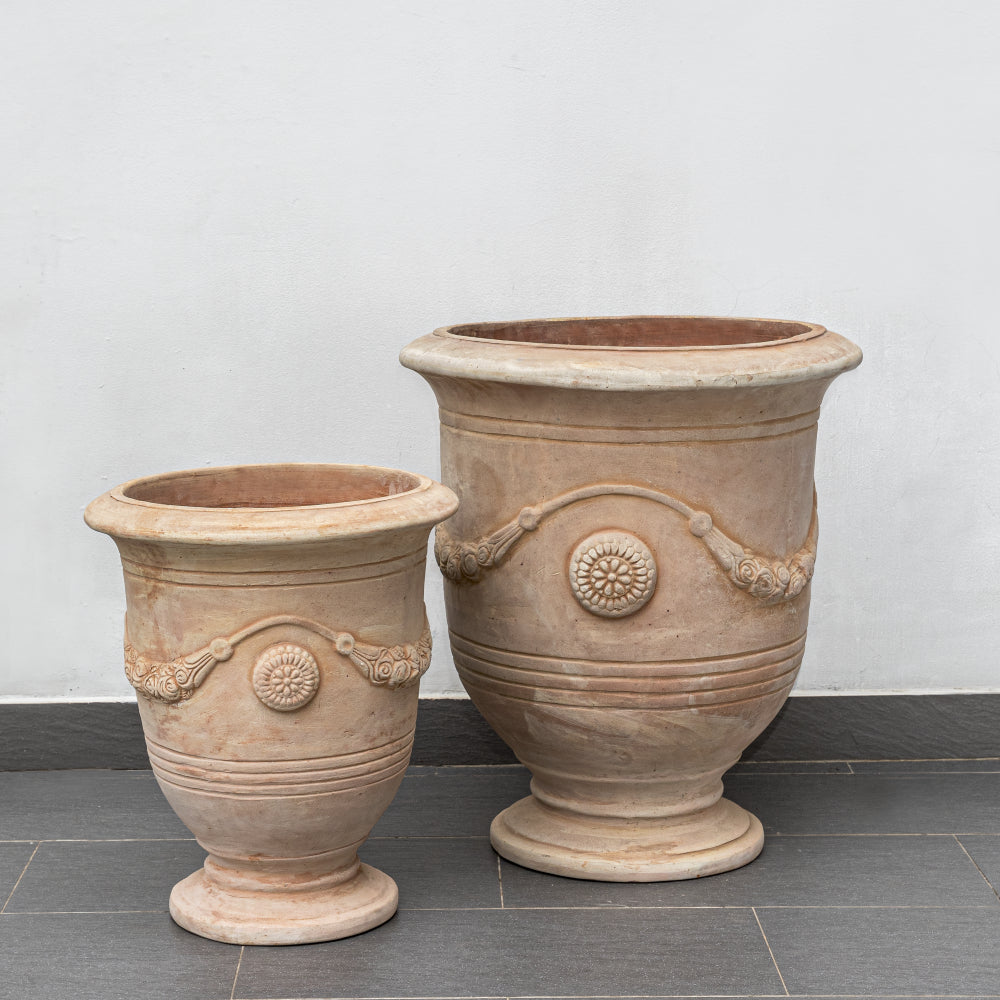 Terra Cotta Urn Planters with Relief - Set of 2