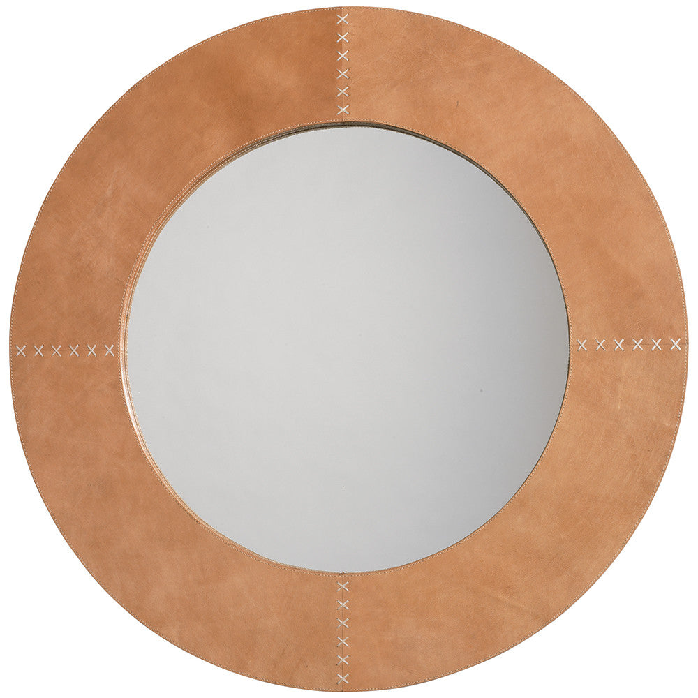 Buff Leather Mirror with Whip Stitch Accents – Brown