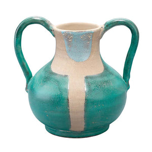 Two Handle Decorative Ceramic Vessel - Aqua, Natural & Blue