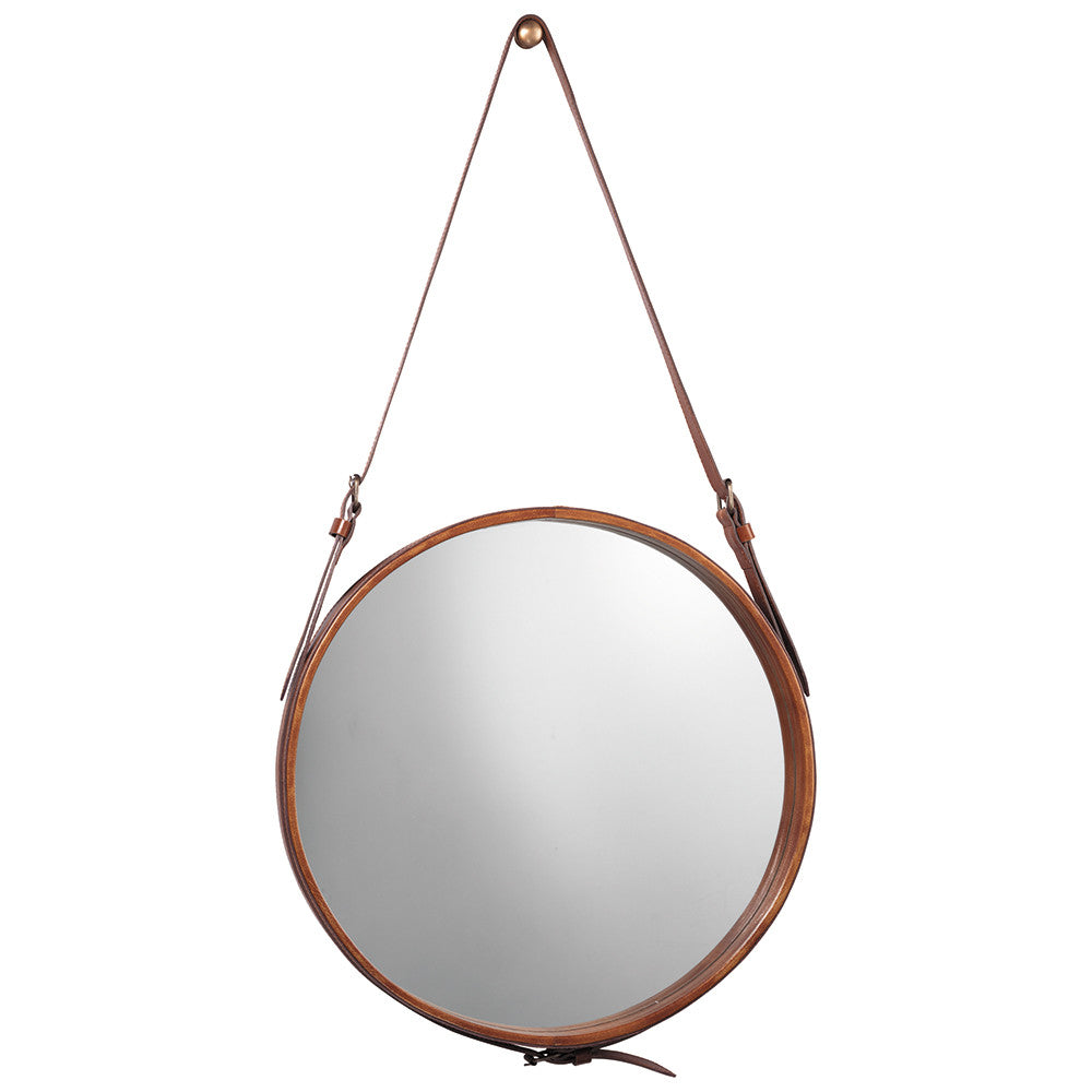 Large Leather Strap Round Mirror – Brown