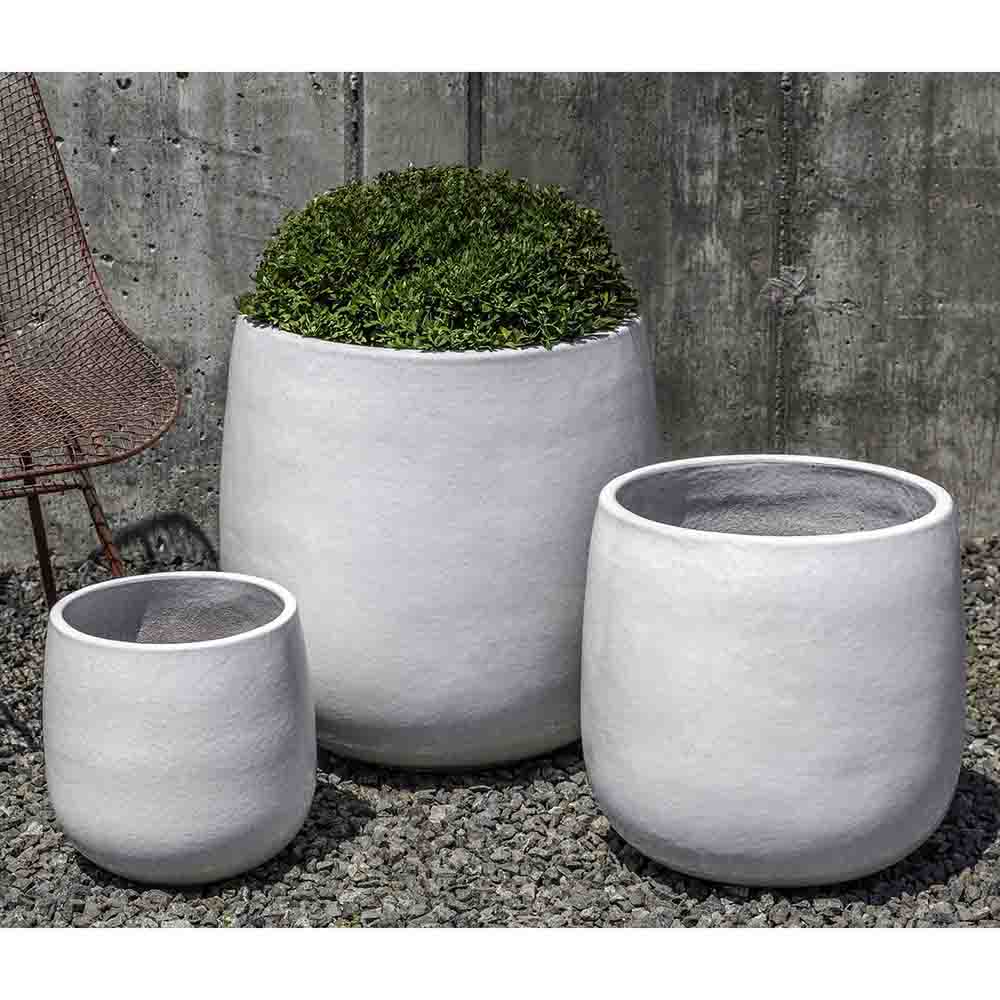 White Glazed Terra Cotta Barrel Planters - Set of 3