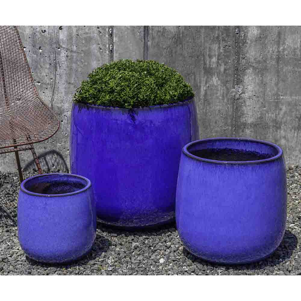 Riviera Blue Glazed Terra Cotta Barrel Planters - Set of 3