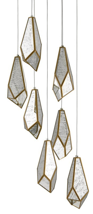 Currey and Company Glace 7-Light Multi-Drop Pendant - Painted Silver/Antique Brass