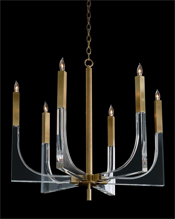 Acrylic and Brass Six-Light Chandelier