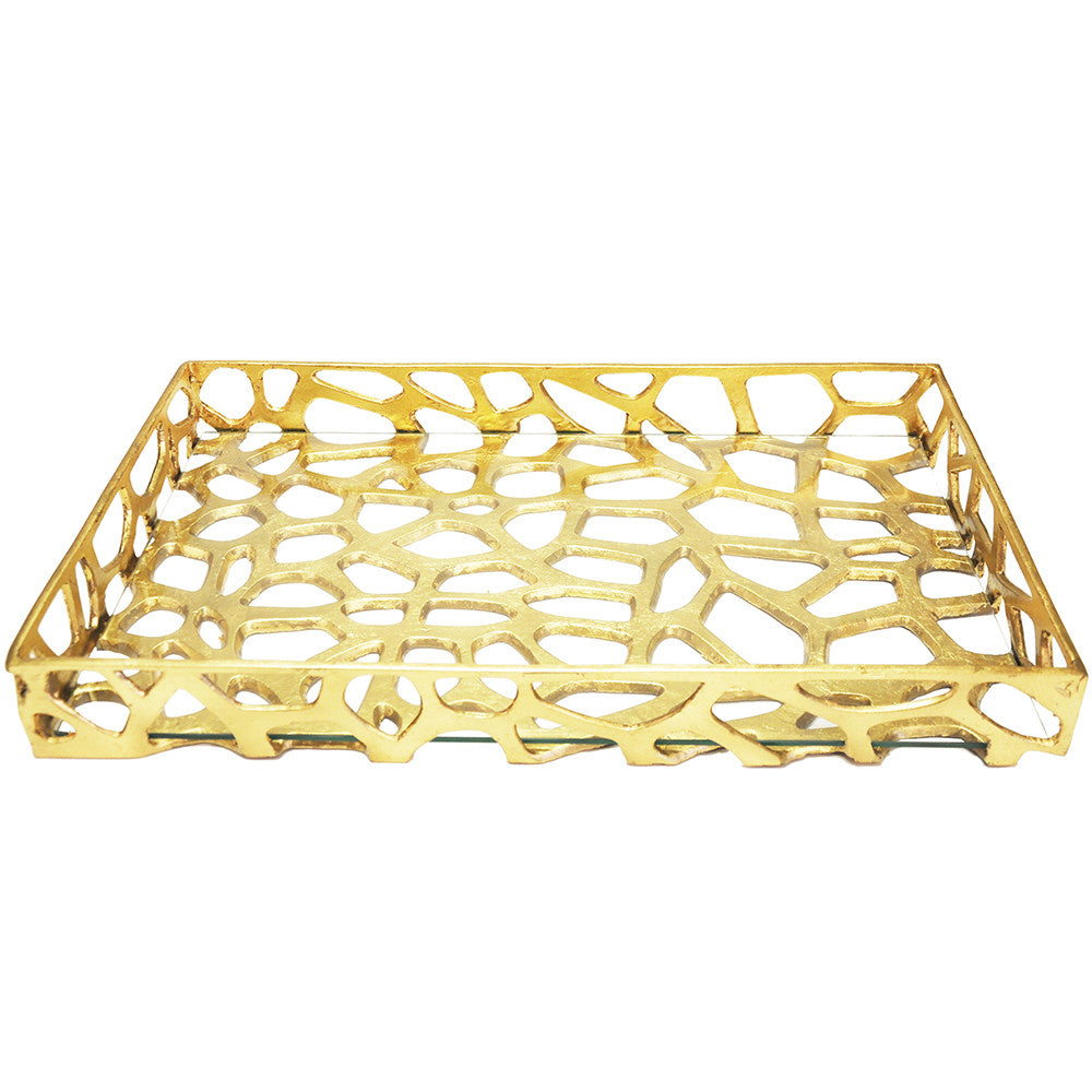 Worlds Away Byron Iron Tray with Glass Bottom - Gold Leaf