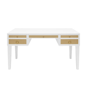 Worlds Away Heidi Desk with Grasscloth Drawers - Matte White and Brass