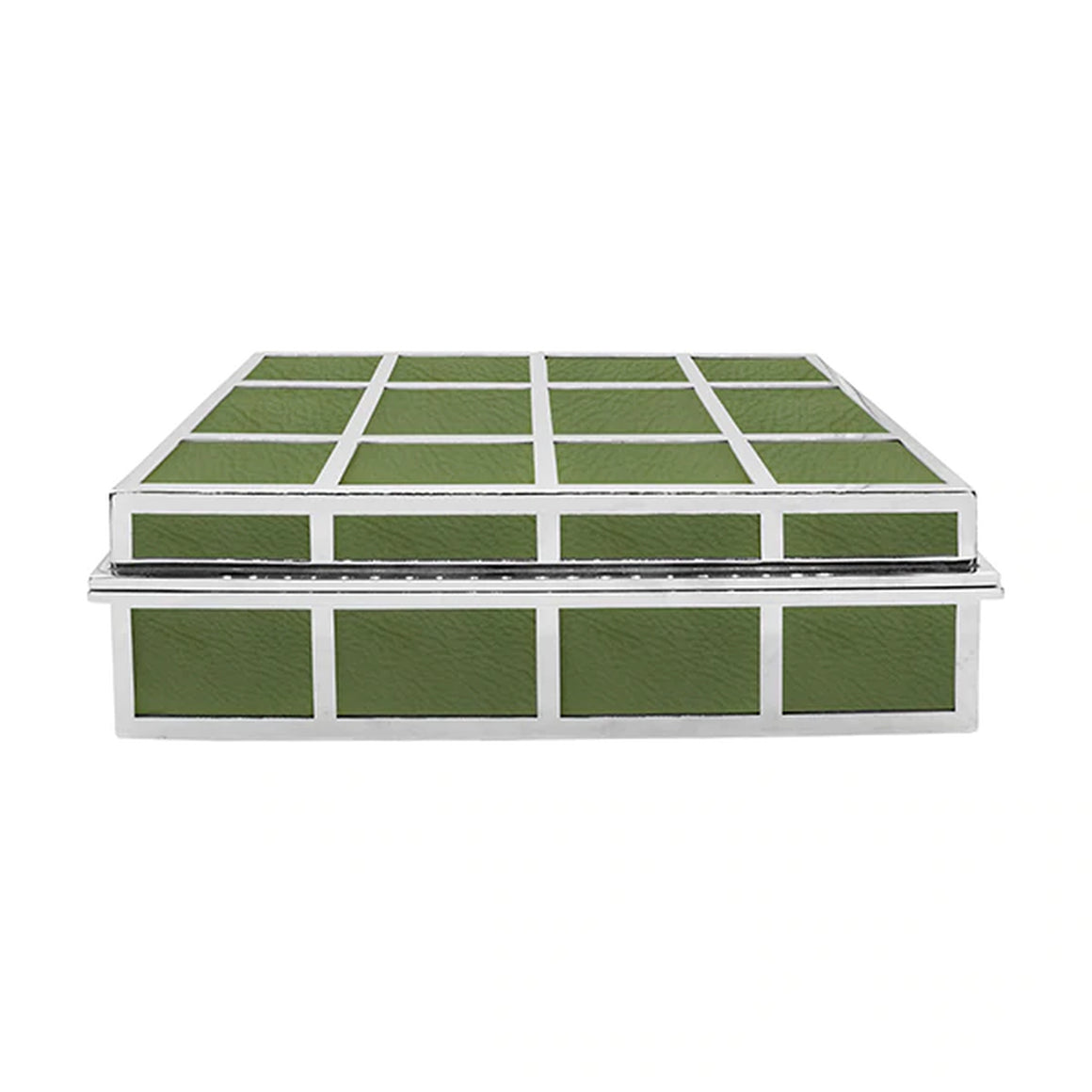 Worlds Away Percy Rectangular Box - Olive Green Leather with Nickel Grid