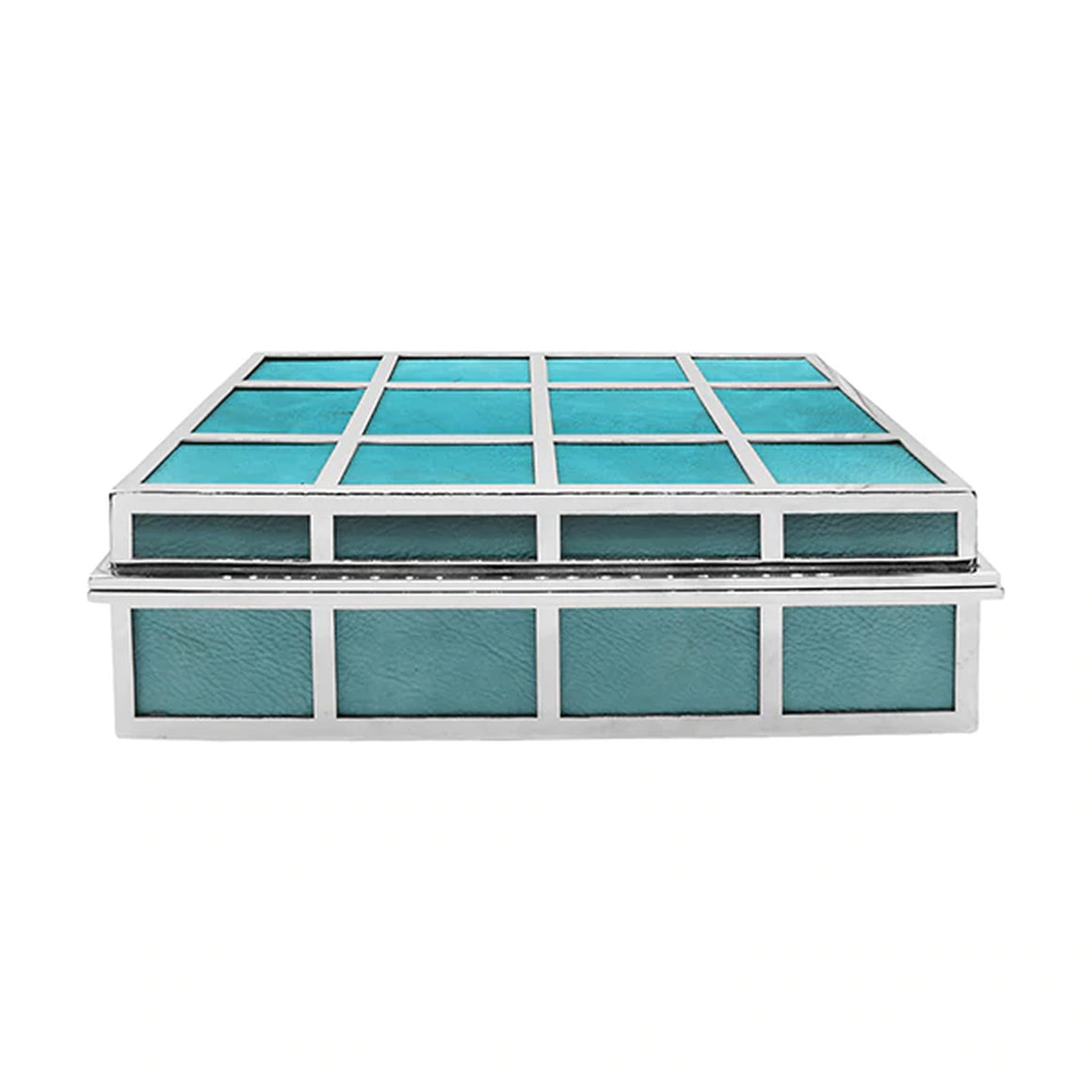 Worlds Away Percy Rectangular Box - Turquoise Leather with Nickel Grid