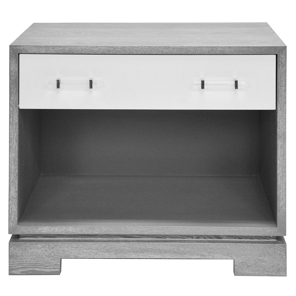 Worlds Away Shane Lacquered Drawer Side Table with Acrylic Hardware  – Grey Cerused Oak