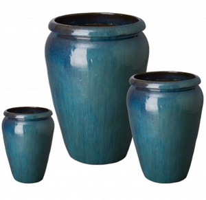 Tall Rimmed Ceramic Planter - Teal Blue