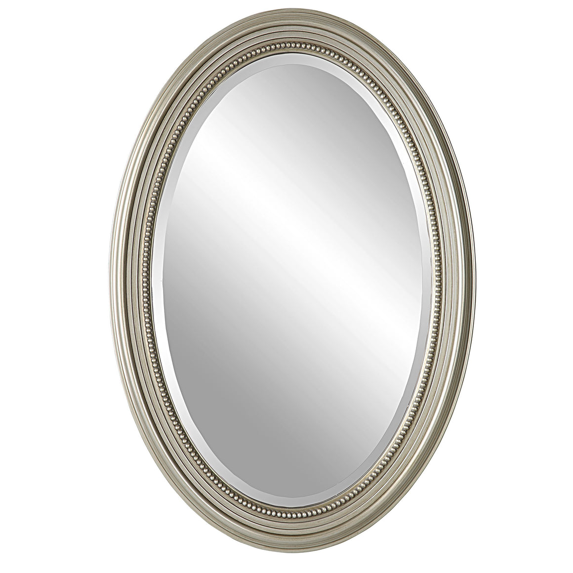 Antique Oval Beaded Mirror - Metallic Silver Finish